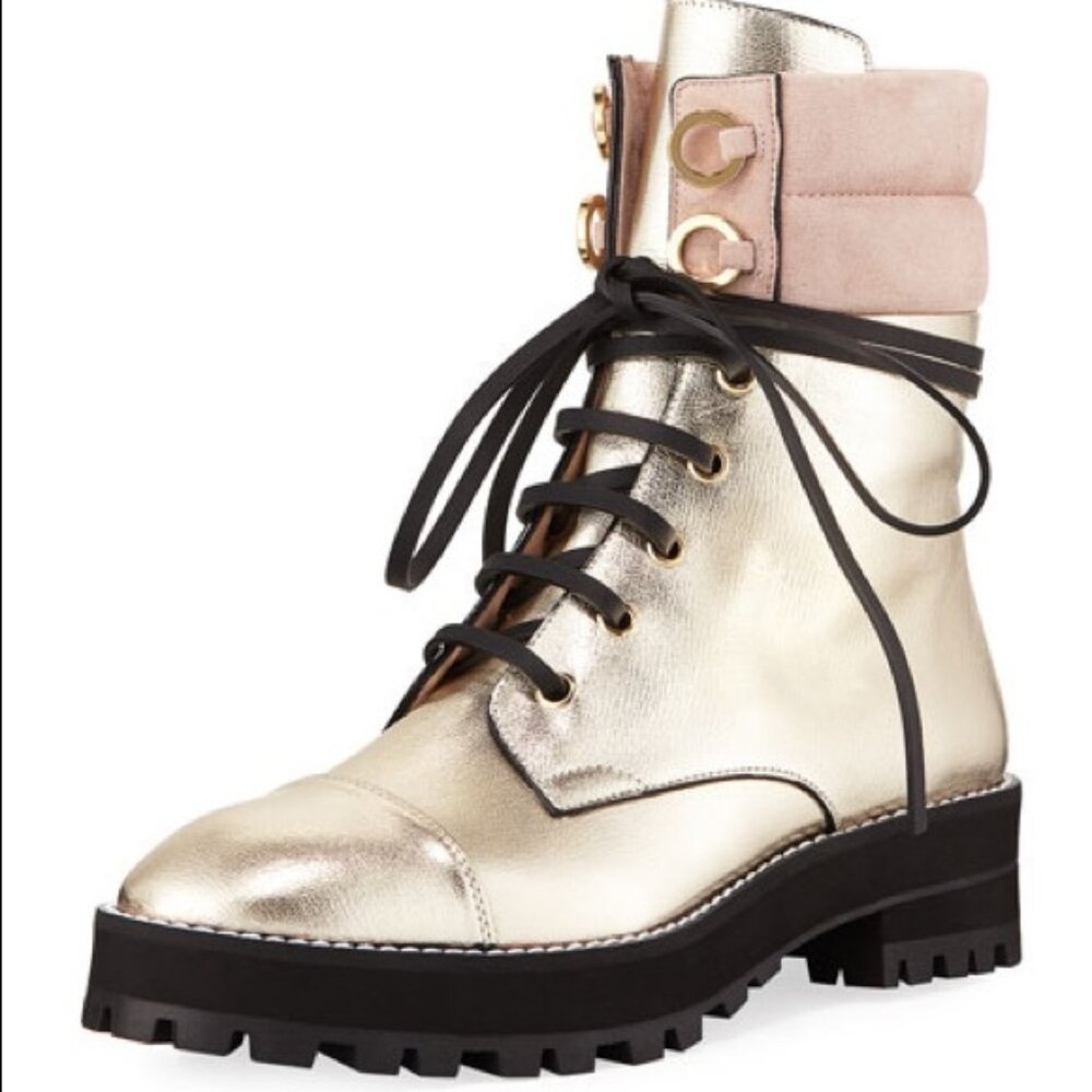 US9❤️ Stuart Weitzman Women Gold Metallic Leather Riding Combat Lace Up Boots